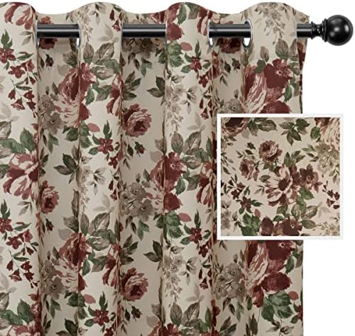 Floral Printed Blackout Grommet Curtains, 84 inch Beige 2 Panels