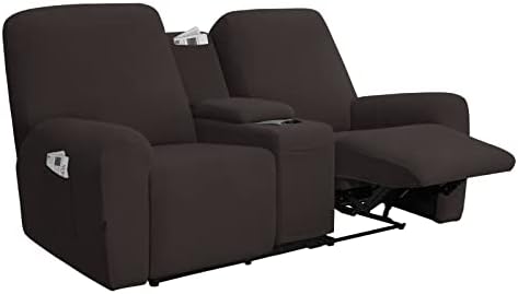 Stretch Recliner Loveseat Cover with Center Console Sofa Slipcover Soft Fitted Fleece 2 Seats Couch with Holder and Storage Washable Furniture Protector Chocolate