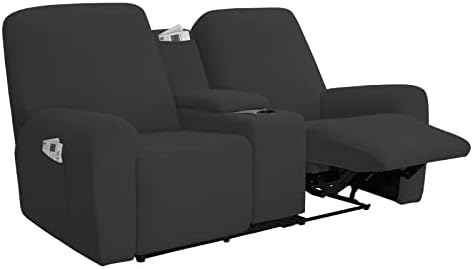 Stretch Recliner Loveseat Cover with Center Console Sofa Slipcover Soft Fitted Fleece 2 Seats Couch with Holder and Storage Washable Furniture Protector Dark Gray