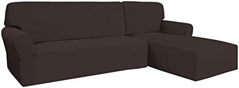 Stretch Sofa Slipcover 2 Pieces L-Shaped Sofa Cover Sectional Couch Cover for Living Room Jacquard Fabric Chaise Lounge Slipcover with Elastic Bottom for Dogs Kids Pets(Large,Chocolate)